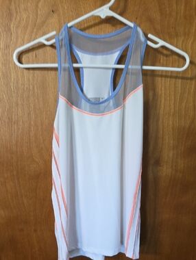 Lucky in Love White Racerback Tank with Light Blue Trim and Coral Accents